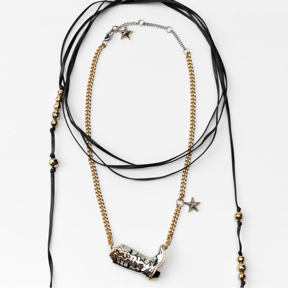 NWT ZARA Long Necklace – Gold Cowboy Boot & Star Charm, Adjustable Cord